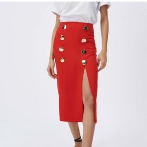 ZARA Red Gold Button Midi Skirt XS | High Waist Slit Pencil | Holiday Party